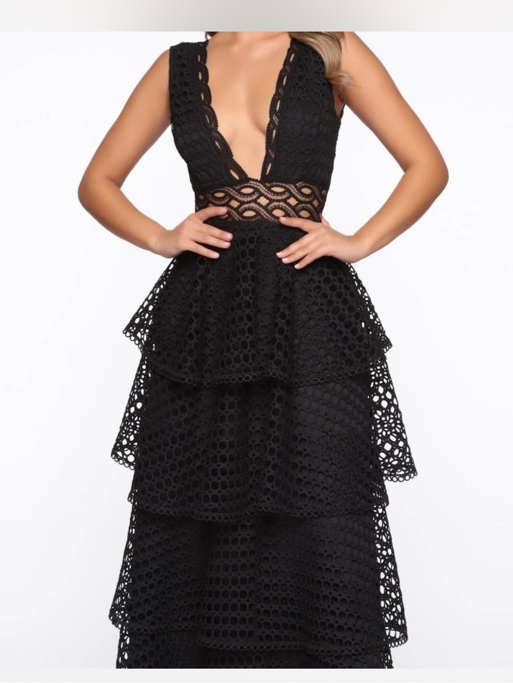Fashion Nova Black Lace Tiered Plunge Maxi Dress